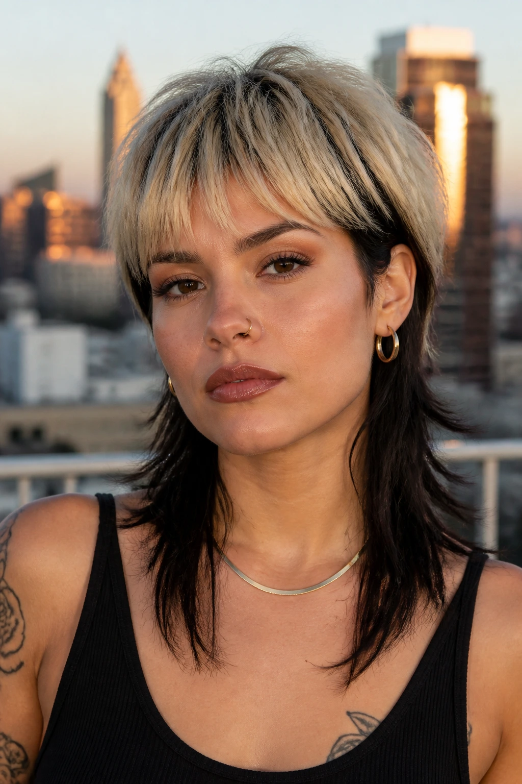 Close-up of a woman with two-tone color-block mullet showing dark underlayer and lighter top panels on a rooftop at golden hour.