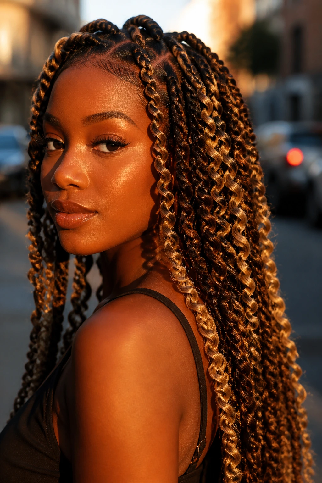 Real woman with two-tone blonde and brown passion twists in golden hour street light