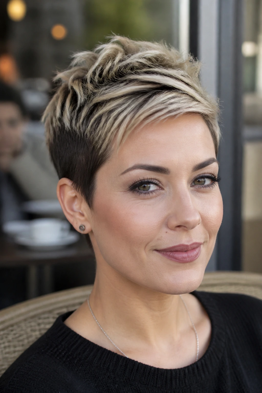 Close-up of a real woman with two-tone pixie color contrast for lift