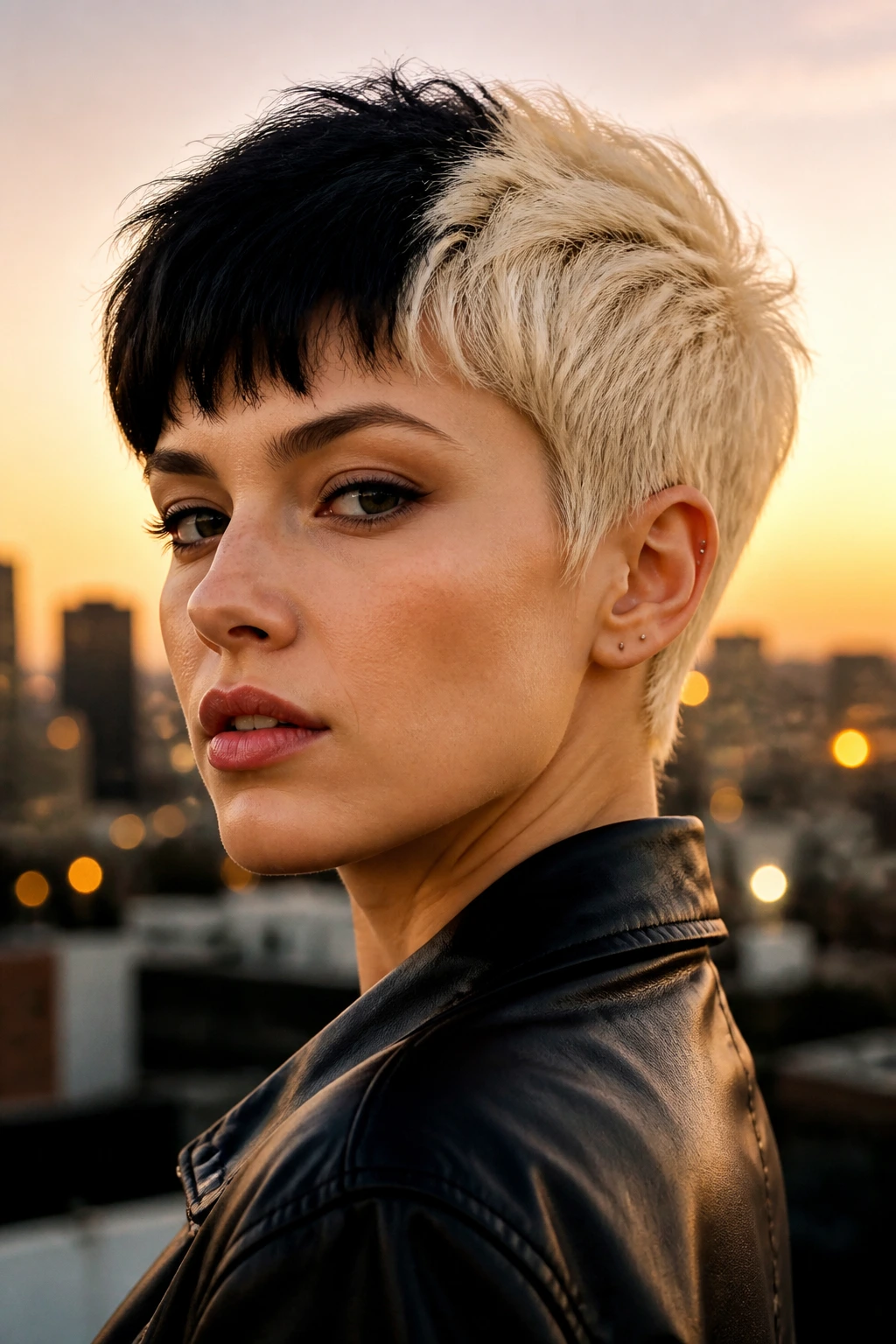 Portrait of real person with two-tone pixie, bold split color.