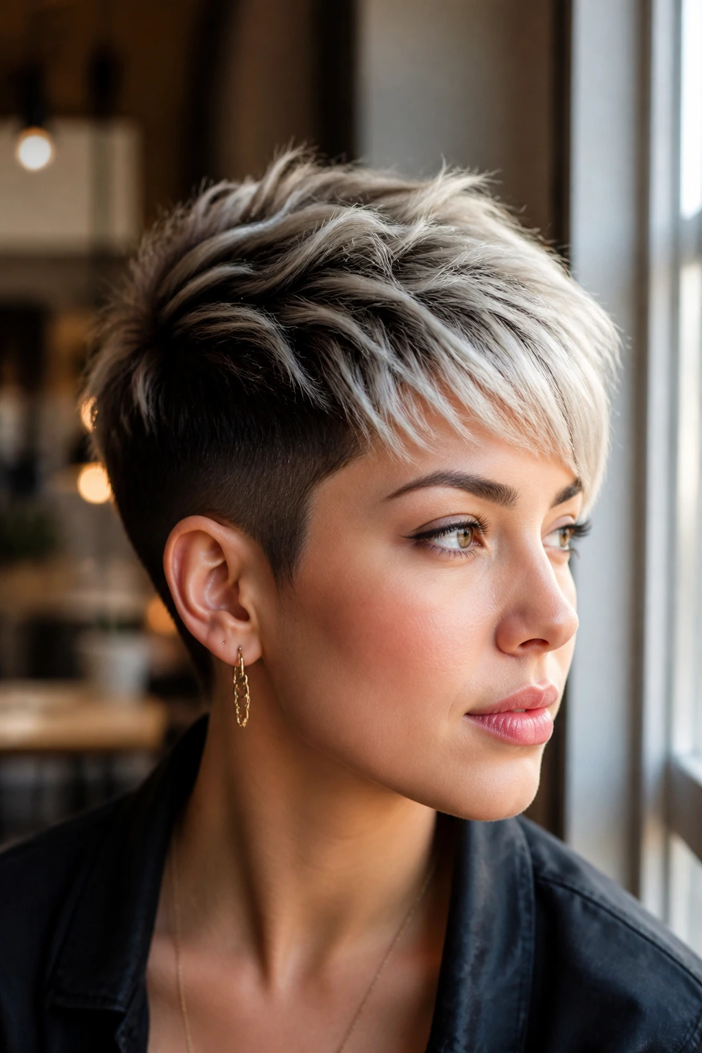 Close up of a real woman with two tone pixie and dark roots