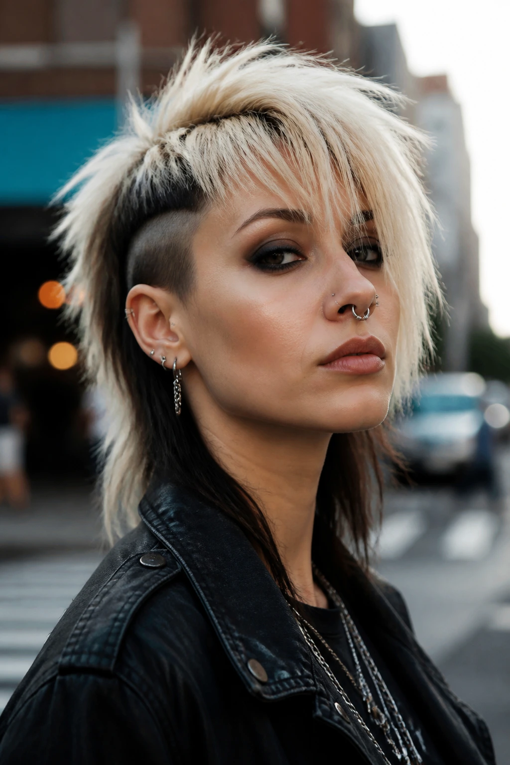 Portrait of a real woman with bold two-tone punk blonde with distinct color split