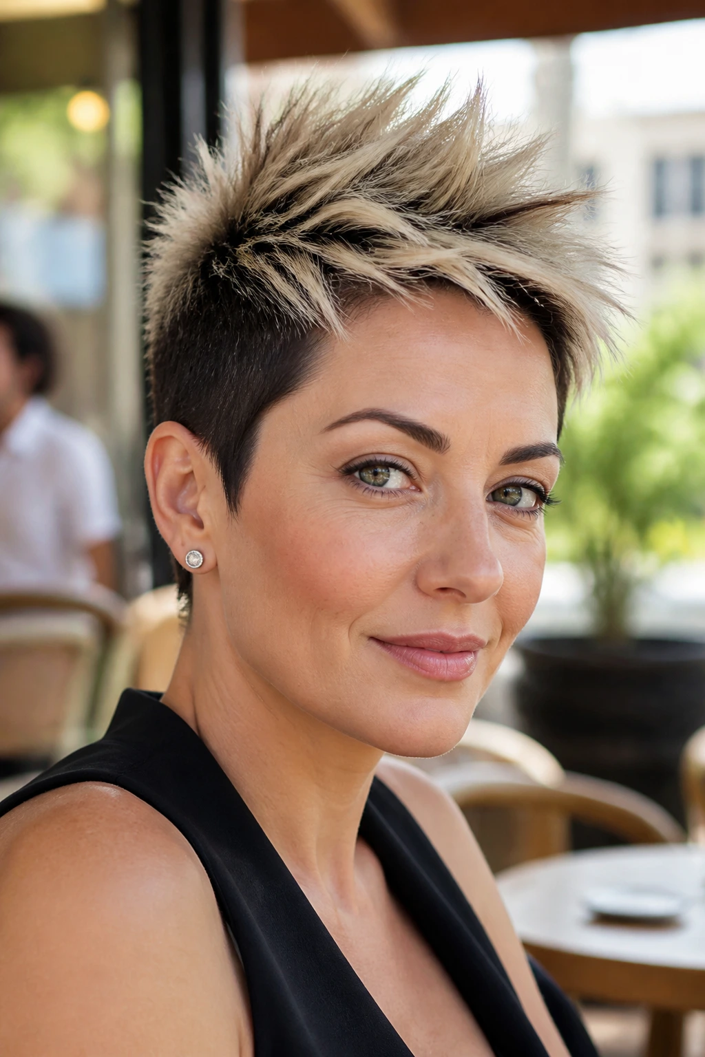 Close-up portrait of a real woman with two-tone spiky pixie hairstyle