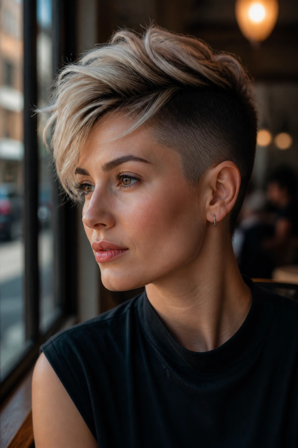 Close-up portrait of a woman with two-tone textured side fade