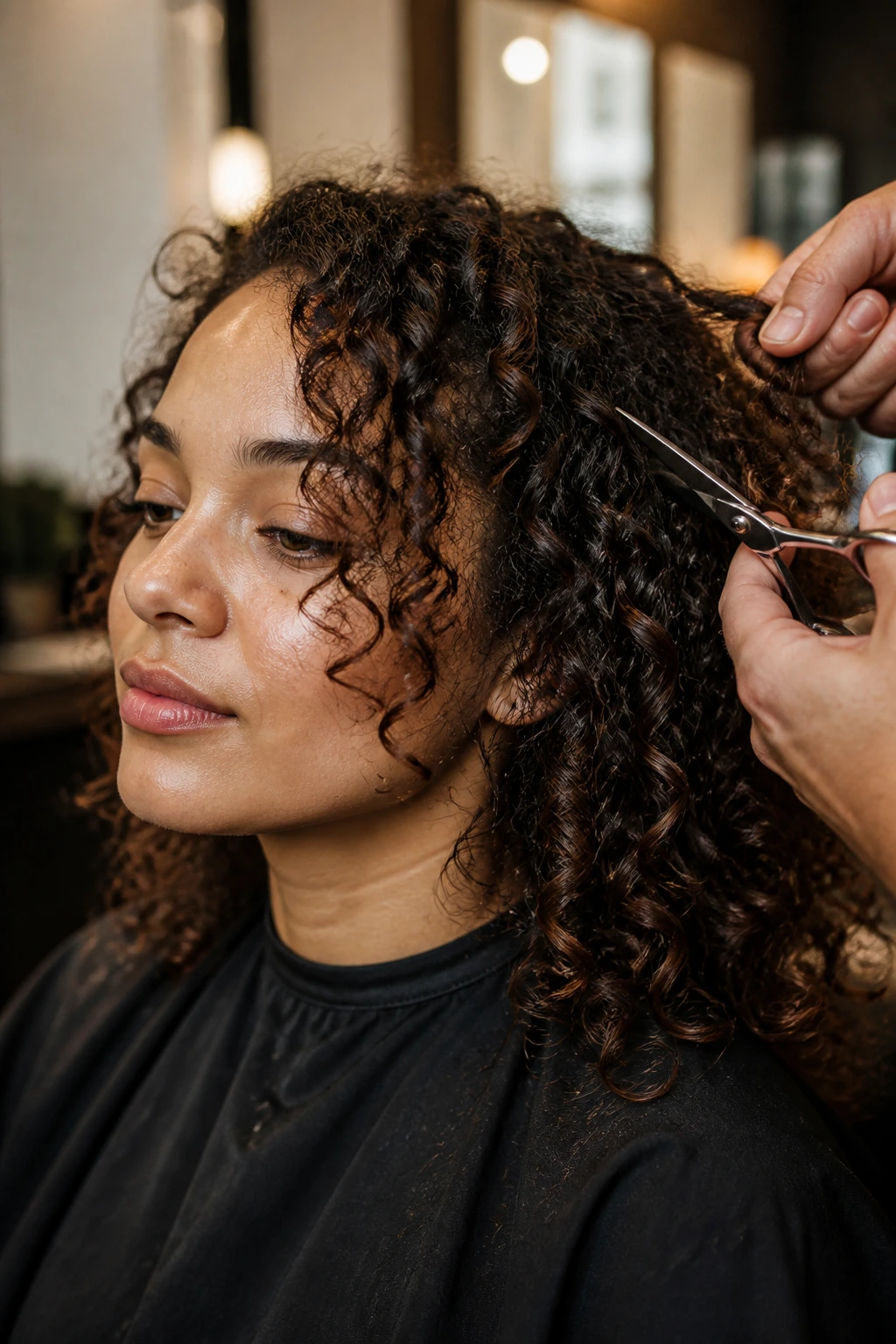 Close-up of a real person with Type 3A curls in a salon setting.