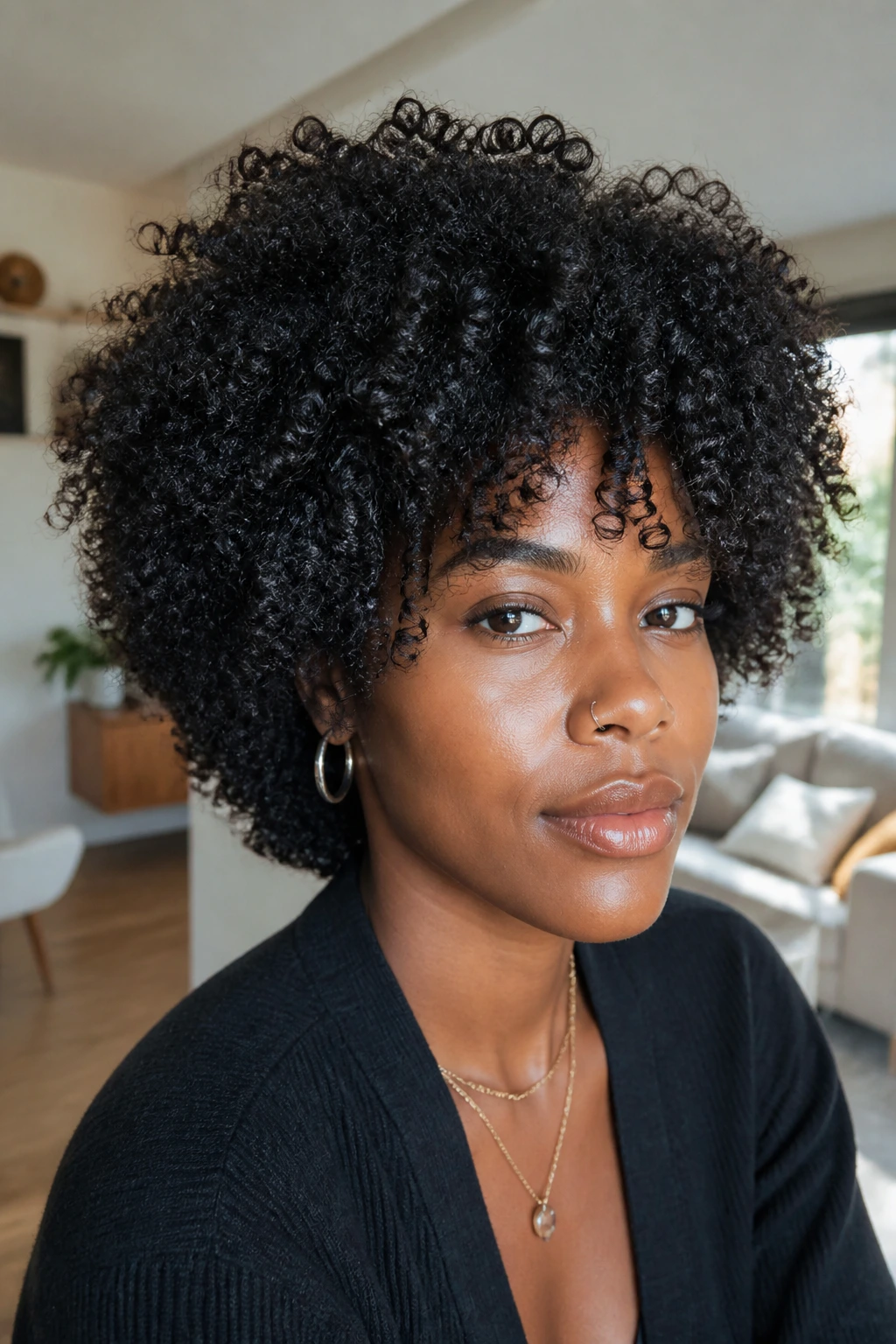 Close-up of a real person with Type 4 curls in a shag, crown lifted and rounded silhouette