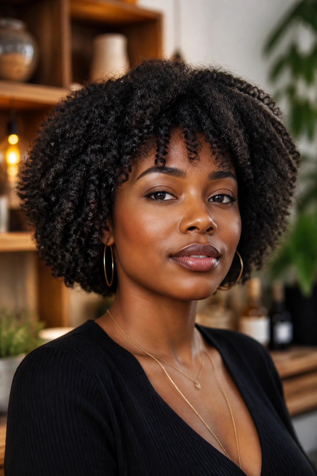 Close-up of a person with Type 4 coil curls forming a rounded bob halo