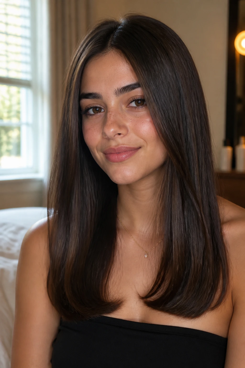 Portrait of a real woman with a soft U-cut and polished ends under warm window light