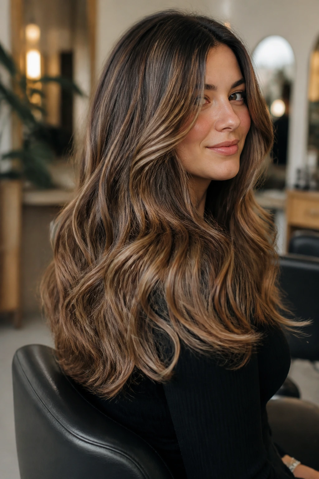Real woman with long thick waves in a U-cut hairstyle