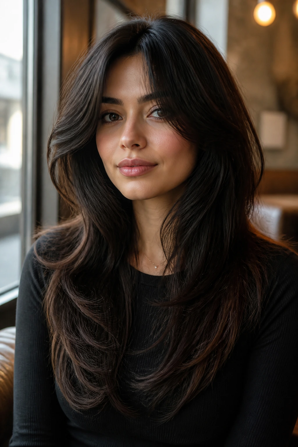 Close-up portrait of U-cut shag with soft layers on a real woman
