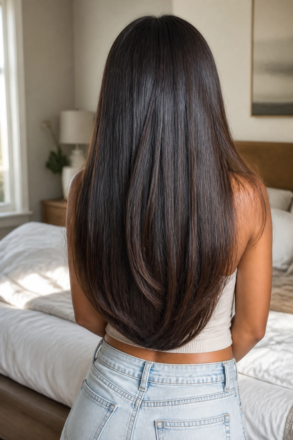 Back view of waist-length hair with a soft U-cut hem on a real woman