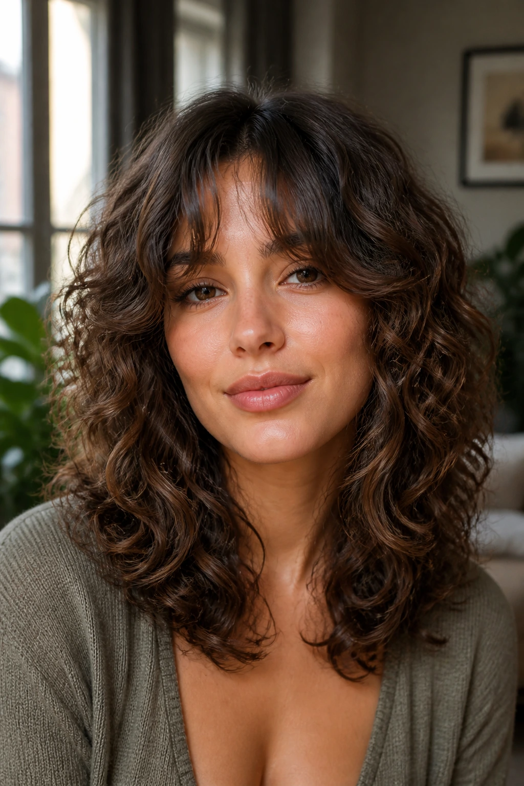 Close-up portrait of a real person with a U-frame shag and centered fringe