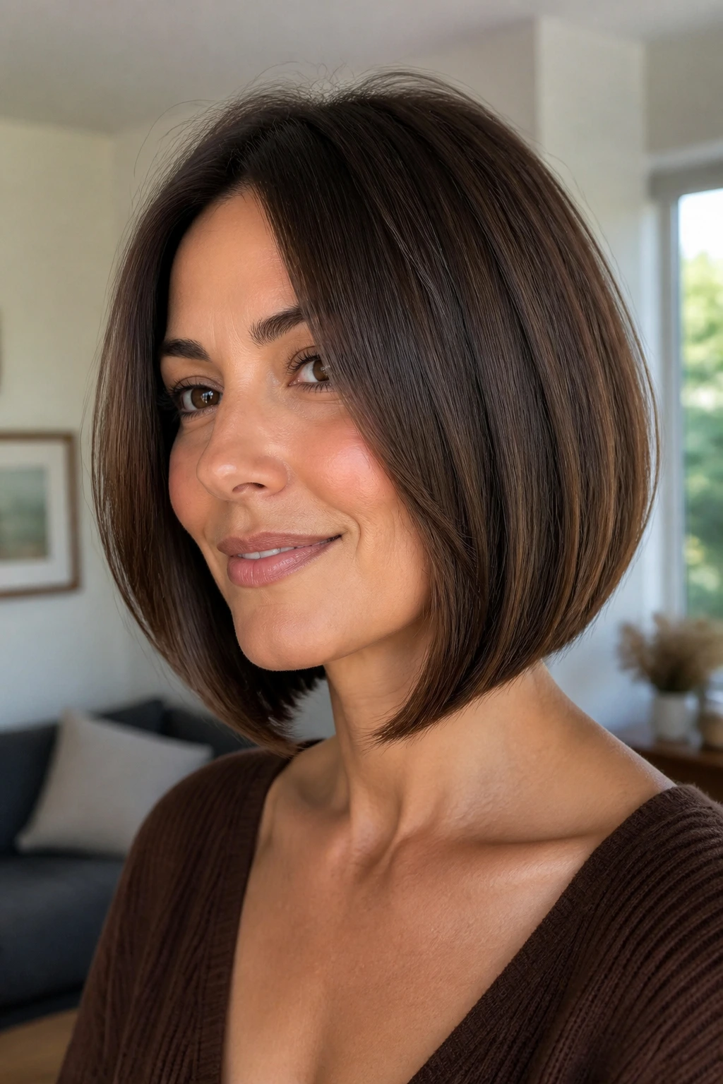 Real woman with U-Line Bob in cozy living room lighting