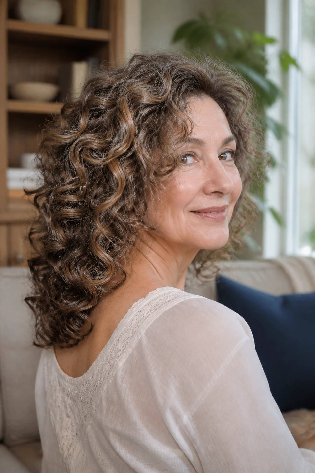 Close-up showing a U-shaped curly cut with stacked curls and face-framing front.