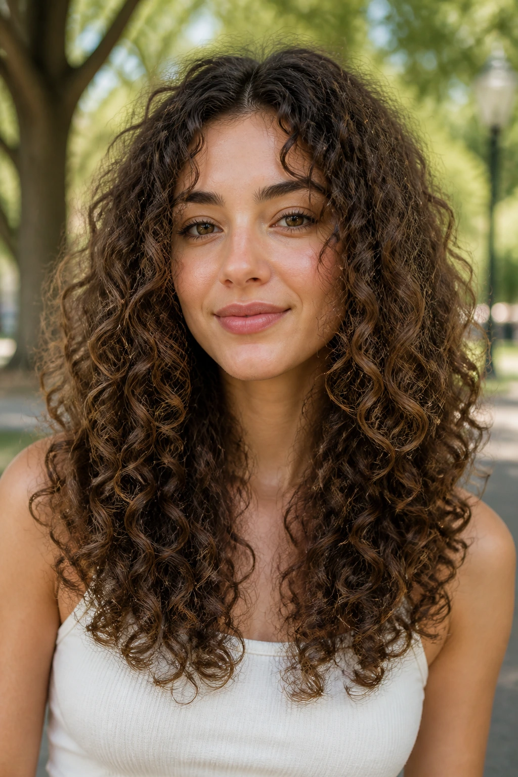 Real person with a U-shaped curly haircut in a park setting