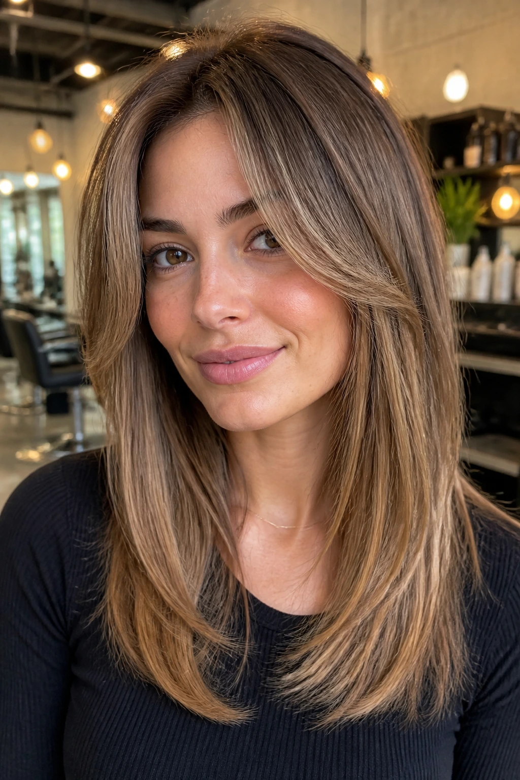 Woman with U-shape cut and face-framing pieces, soft rounded back