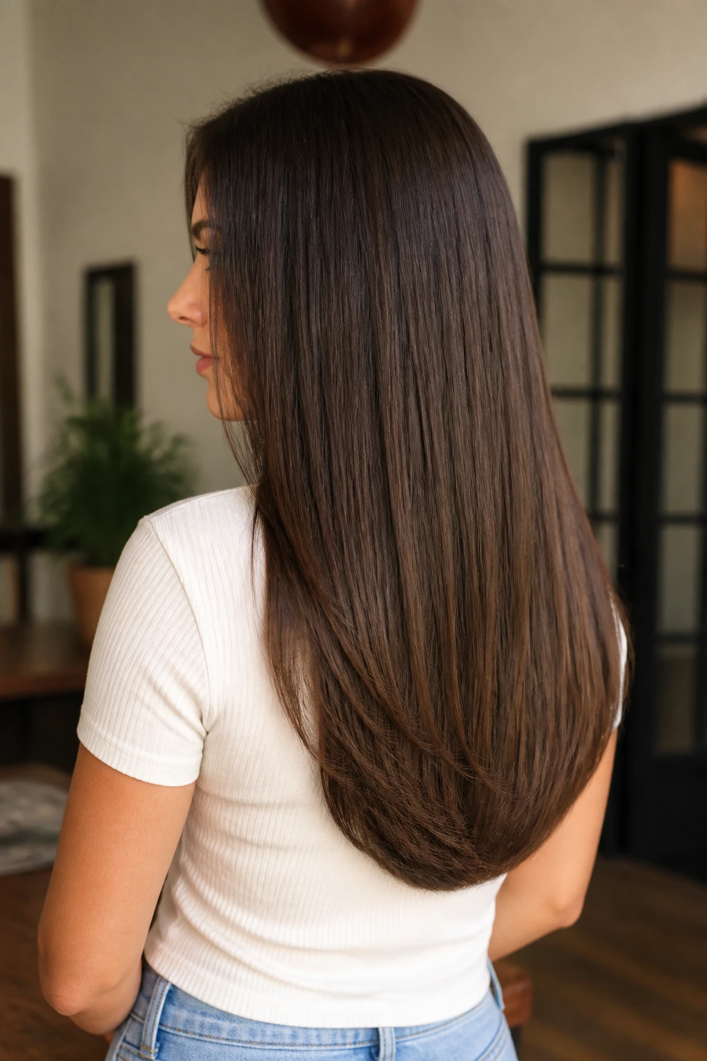 Side-back portrait highlighting a soft U-shaped haircut with straight, sleek finish.