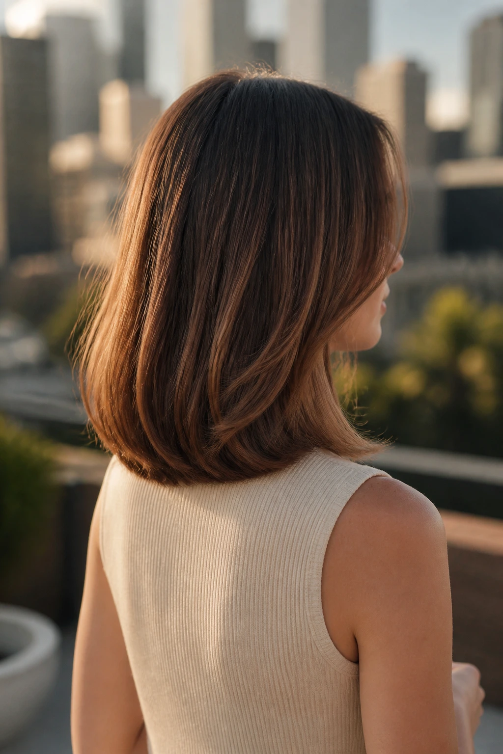 Rear three-quarter view of a real woman with U-shape cut