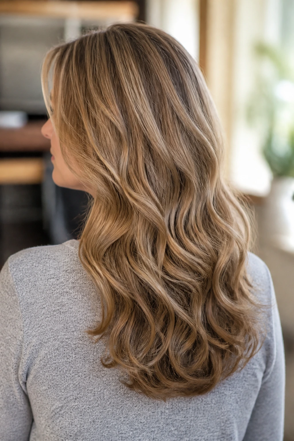 Back/side profile of a real woman showing U-shape cut with hidden layers