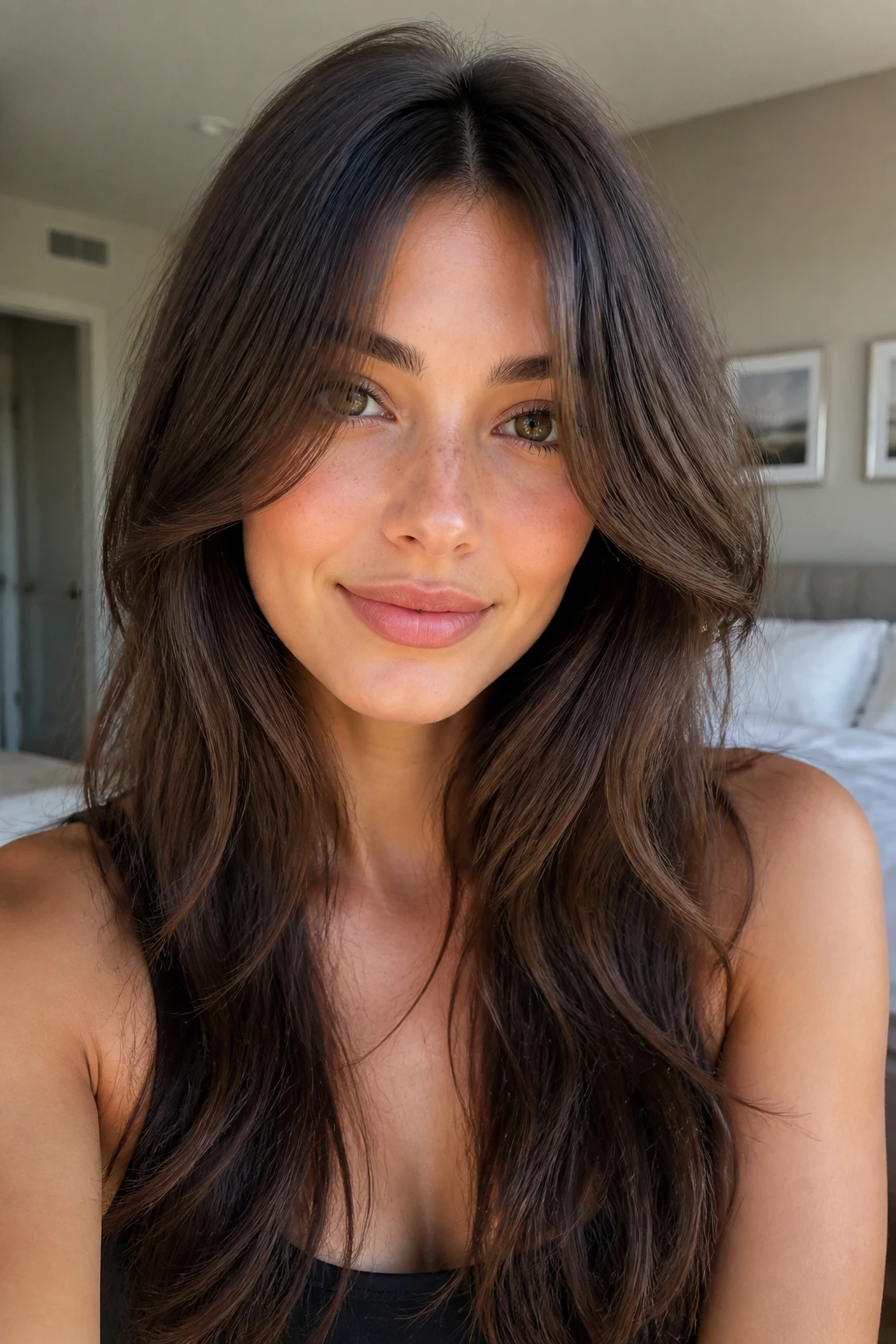 Portrait of a real woman with U-shaped front layers framing her face