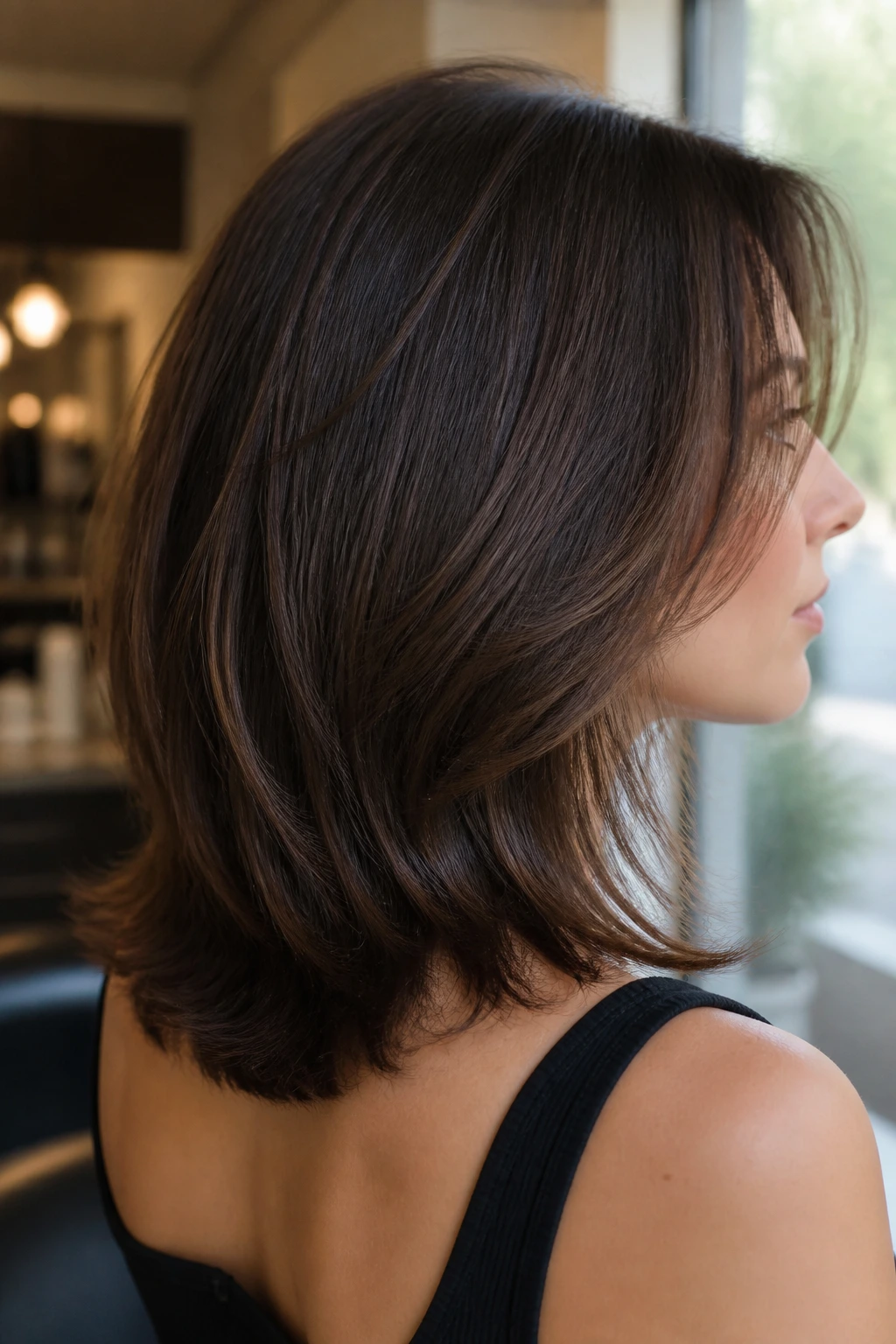 Close-up portrait of a real woman with a soft U shape haircut and airy edge in a salon