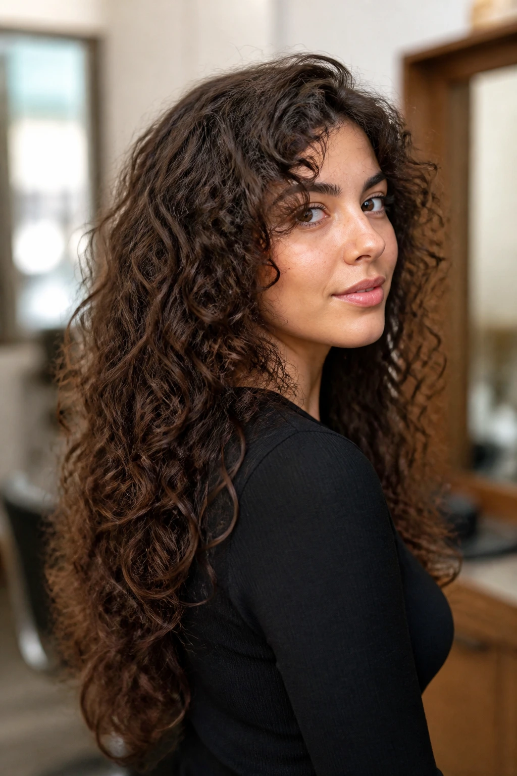 Three-quarter portrait showing U-shaped silhouette with hidden internal layers in curly hair