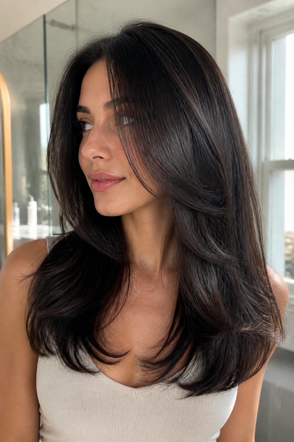 Close-up of a person with U-shape layers preserving length