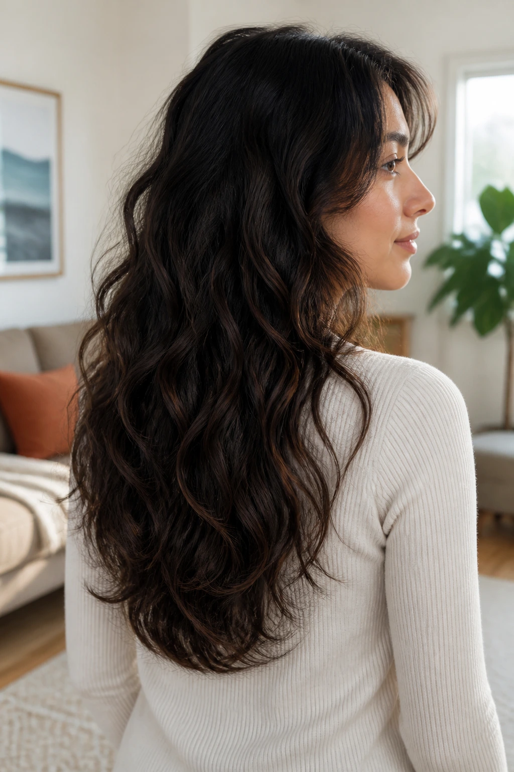 Portrait of a real person showing a U-shaped hair perimeter in bright living room light