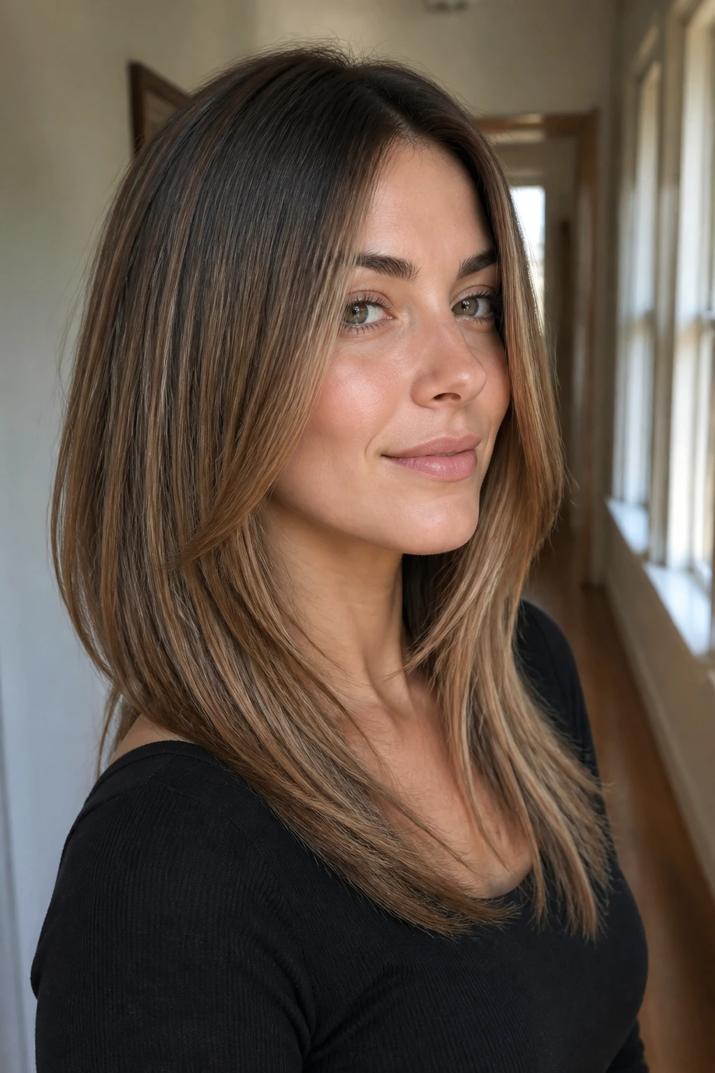 Three-quarter close-up of a real woman with a U-shaped lob and long layers under soft daylight