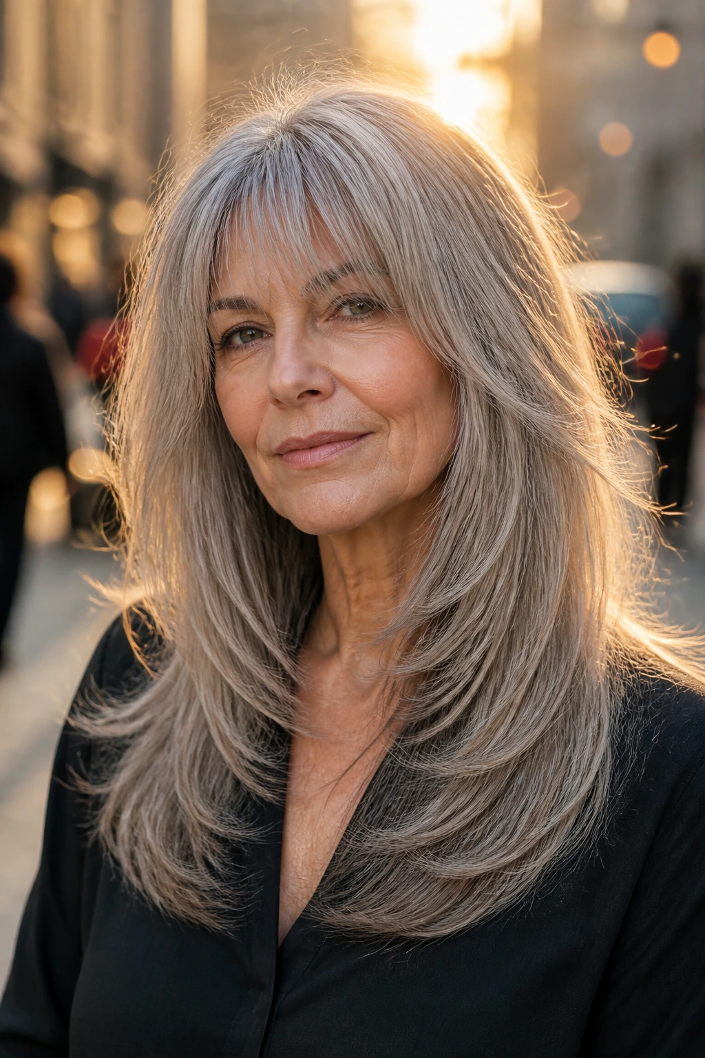 Portrait of a woman with a U-shape shag and hidden interior layers, city street backdrop at golden hour.