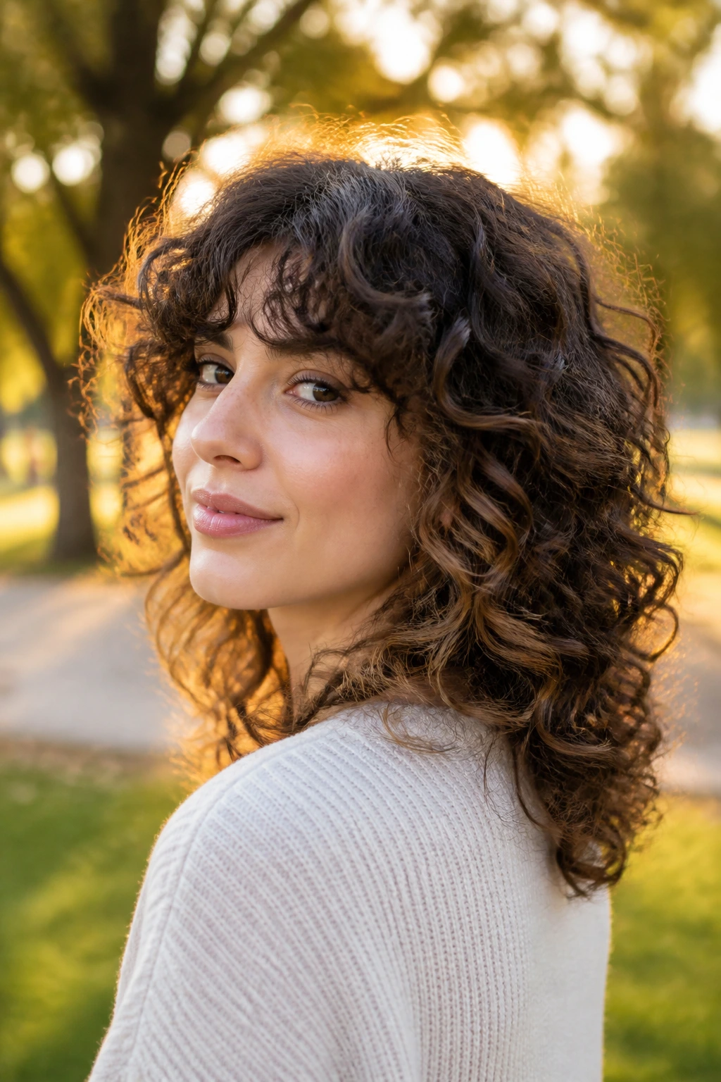Close-up portrait of a real person with U-shape shag outdoors during golden hour