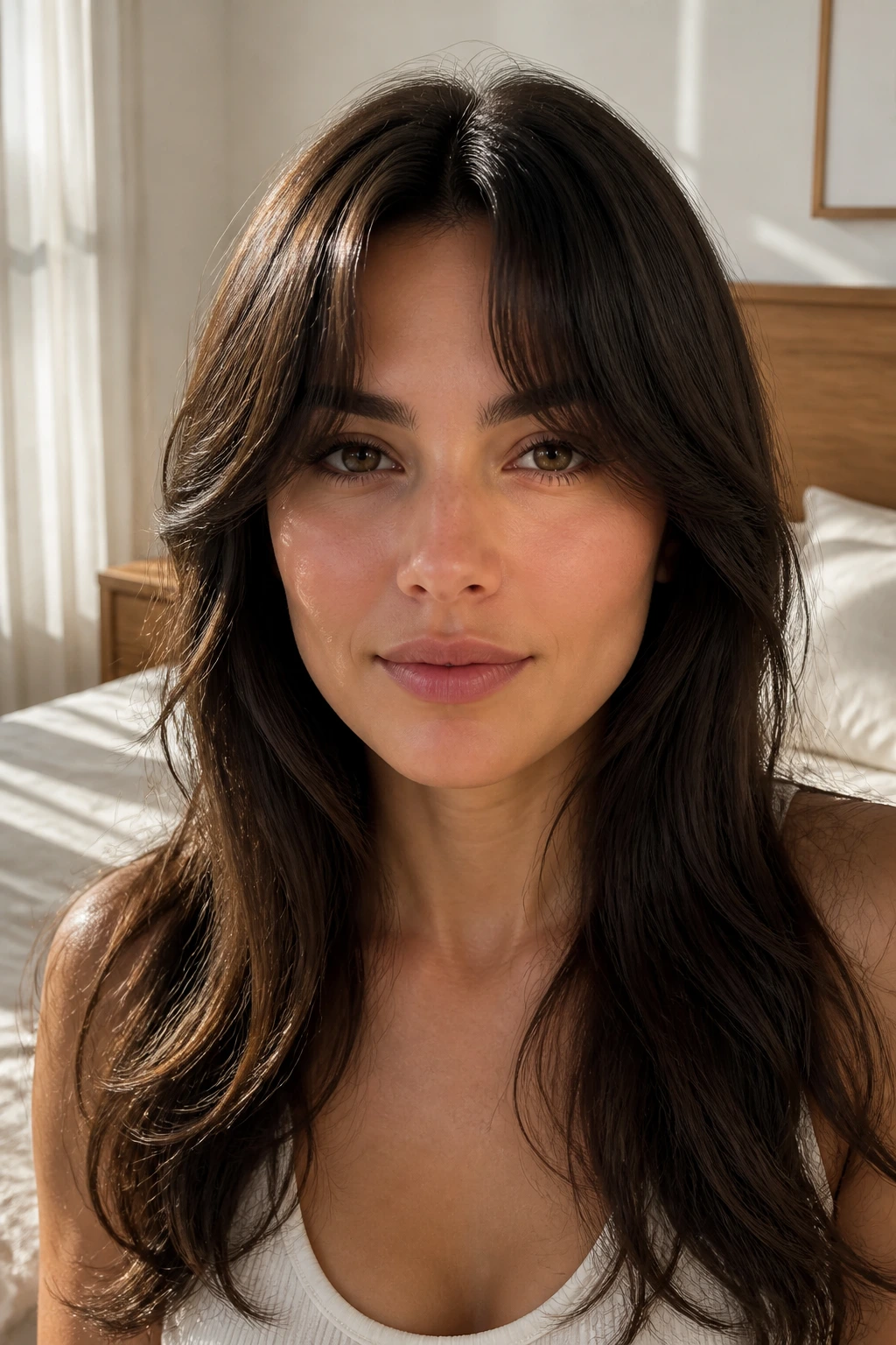 Portrait of a real woman with U-shaped bangs dipping in the center.