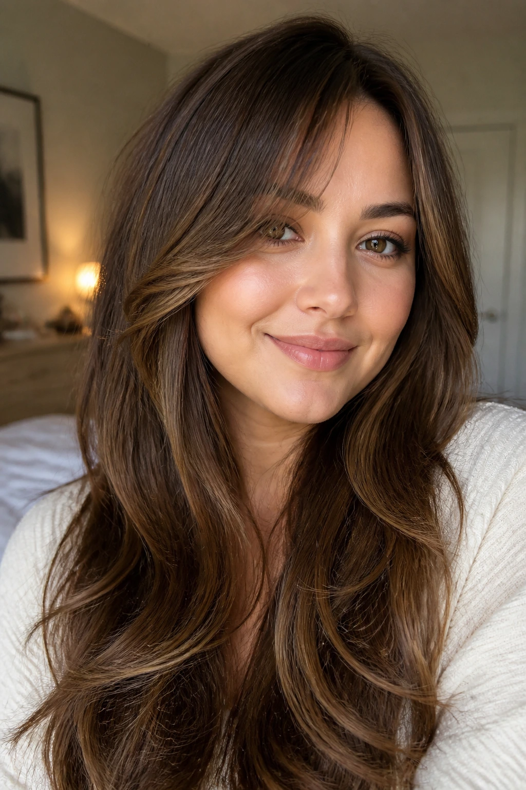 Close-up portrait of a real woman with long U-shaped side bangs curving at the front