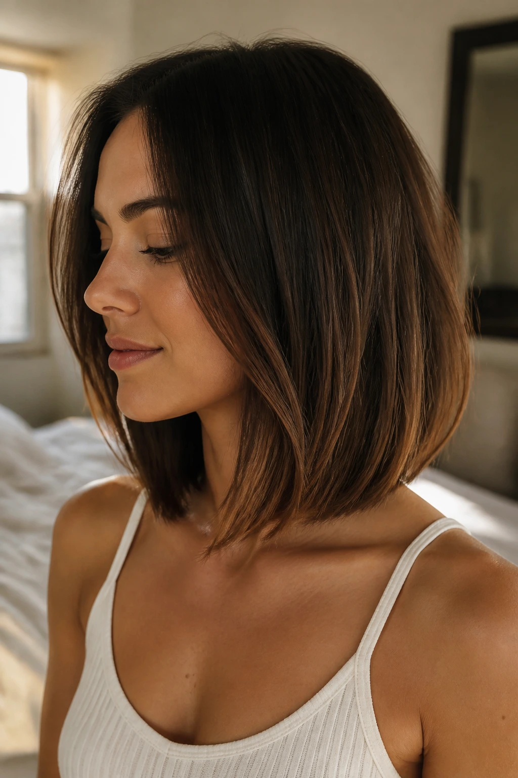 Close-up portrait of a real woman with a U-shaped bob and curved back