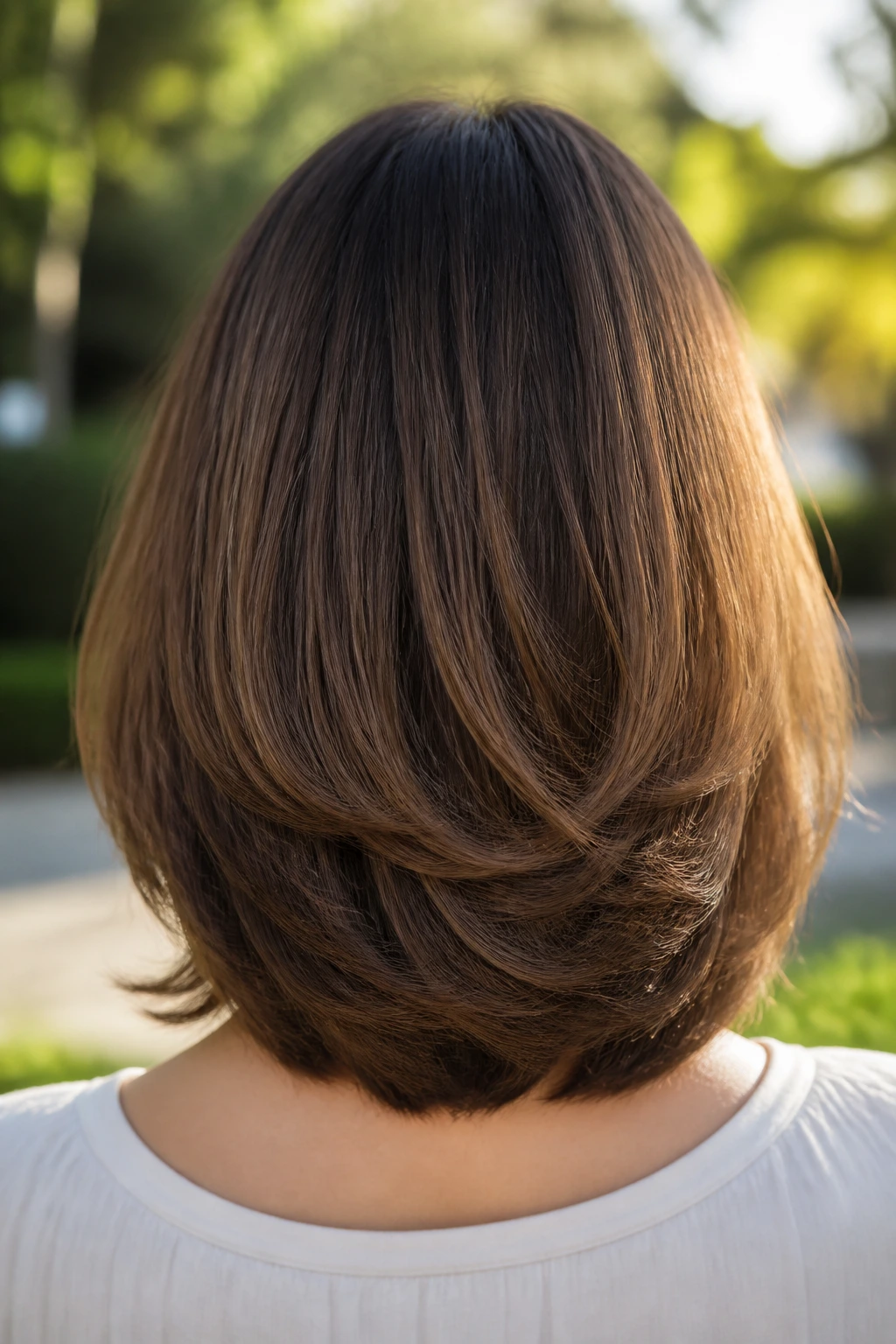 Back view of a real person with a U-shaped bob and soft interior layers