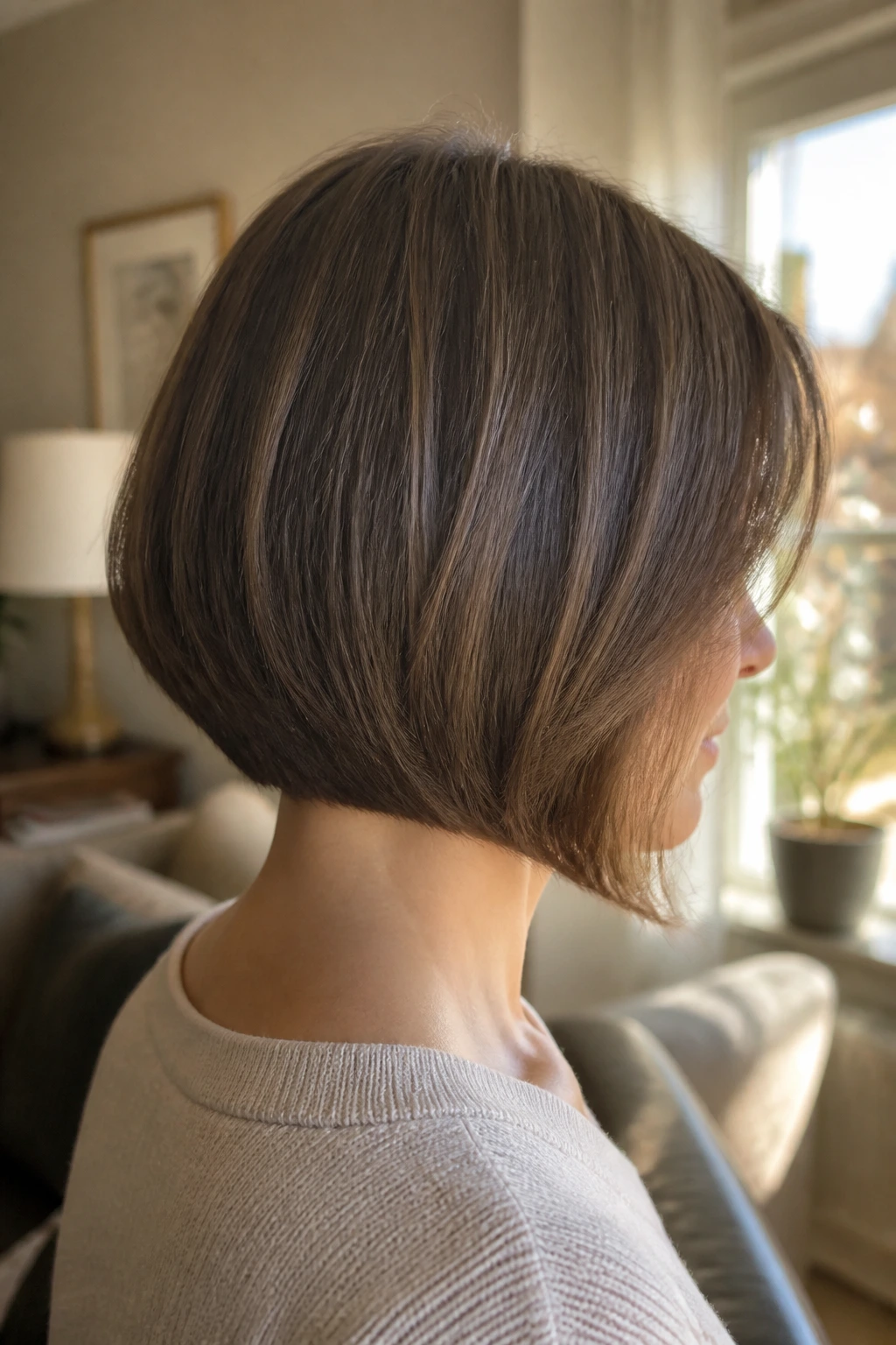 Close-up portrait of a real woman with a U-shaped bob showing a gentle back curve.