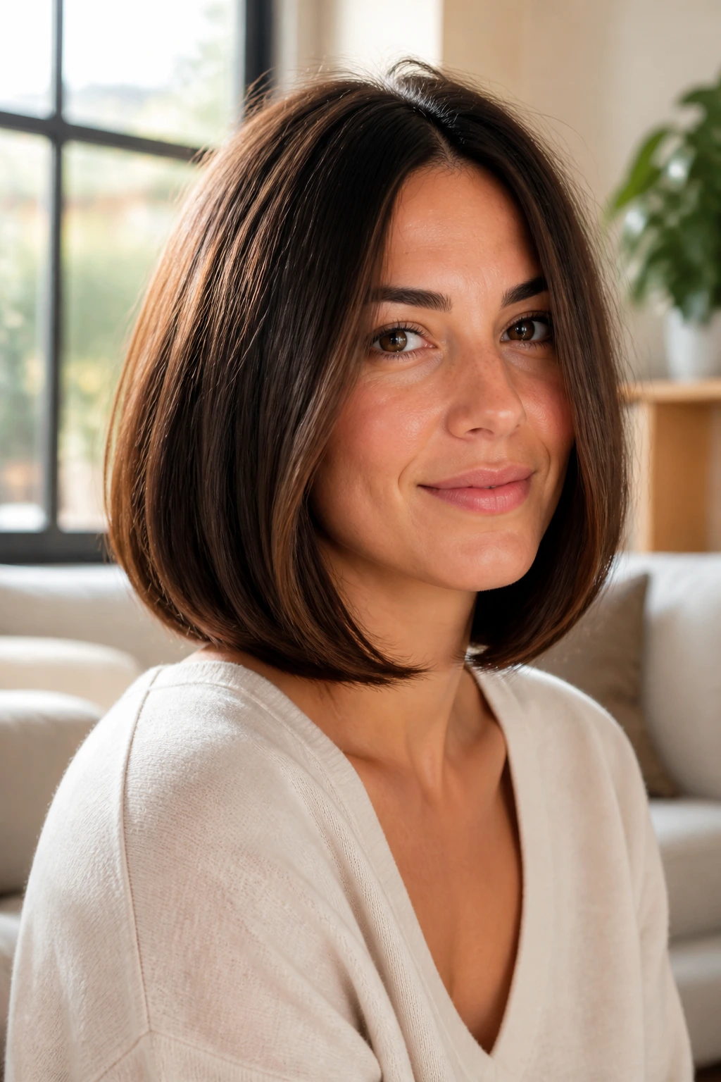 Close-up portrait of a real woman with a U-Shaped Bob showing a soft jaw dip and glossy hair