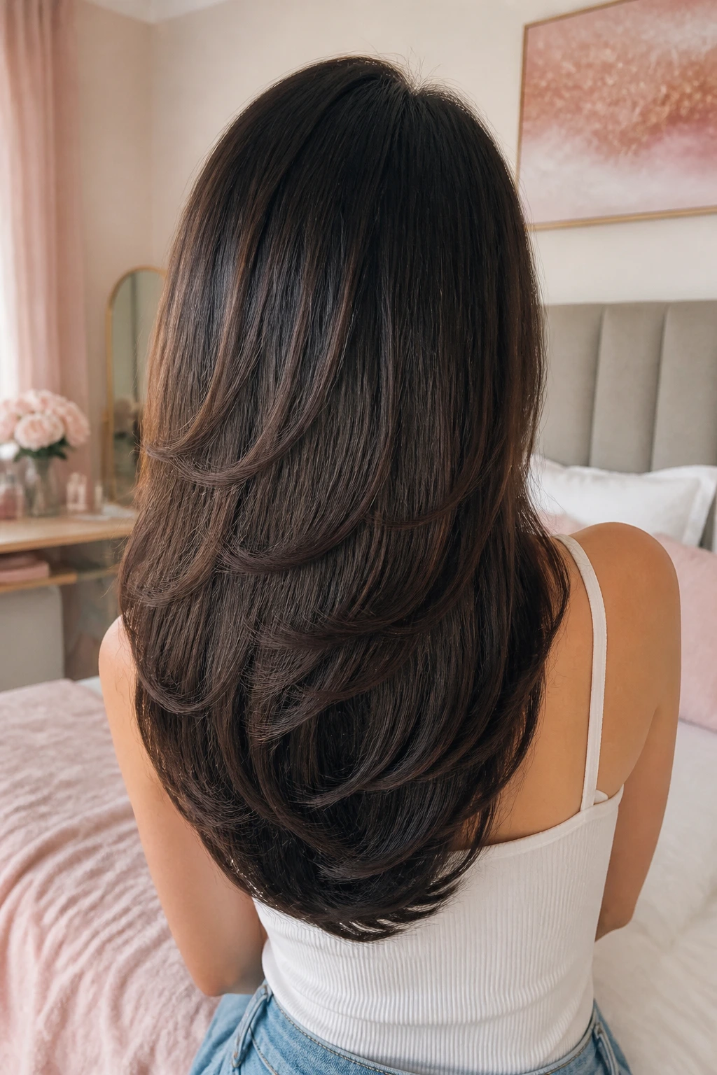 Rear view of a real woman showing a smooth rounded U-shaped butterfly cut