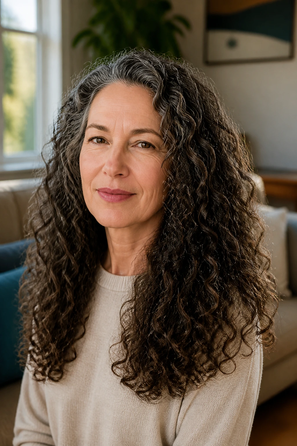 Close-up of a real woman with long U-shaped curly hair forming a soft arc down the back