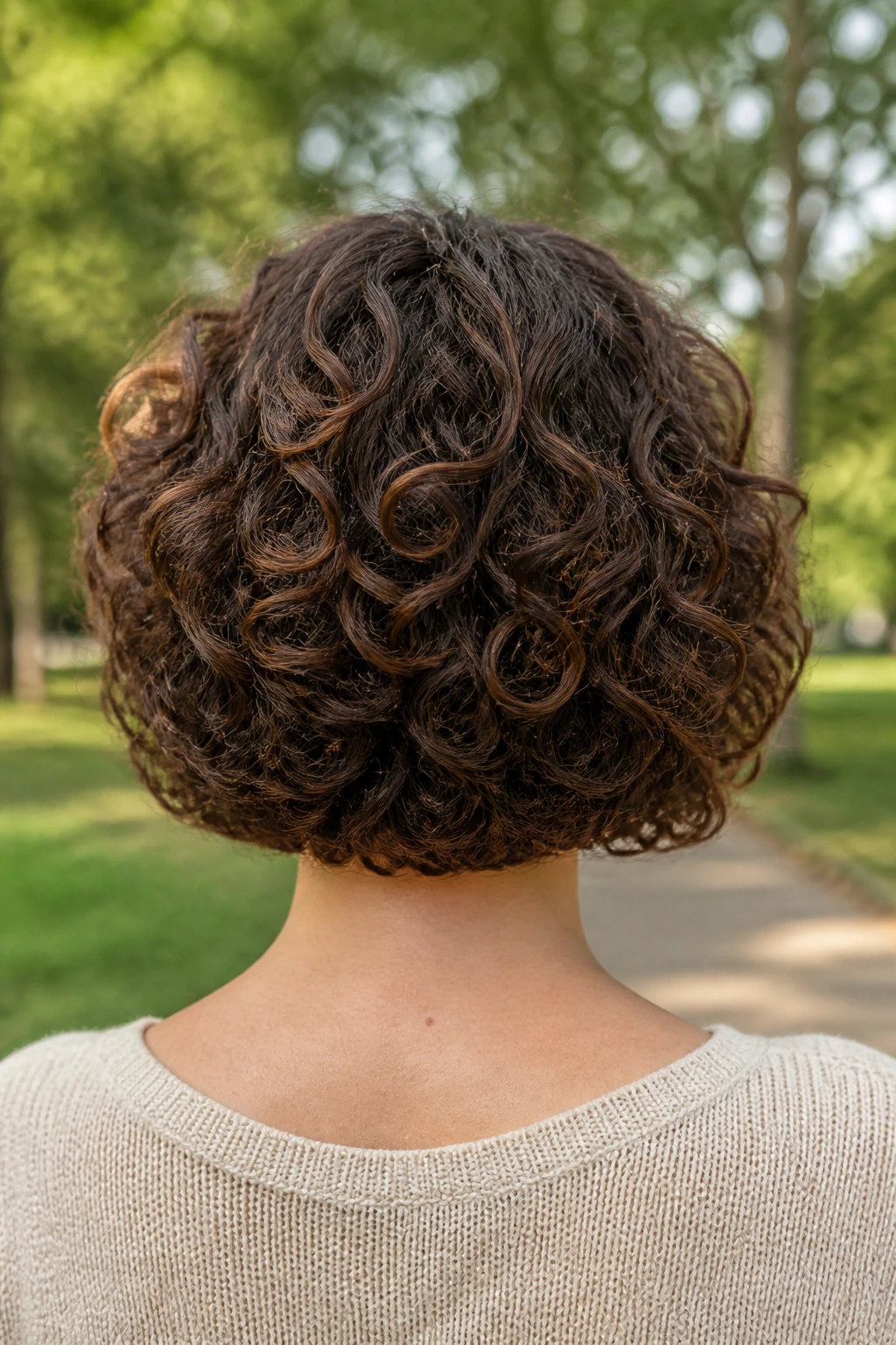 Back-of-head view of a real woman with a U-shaped curly bob
