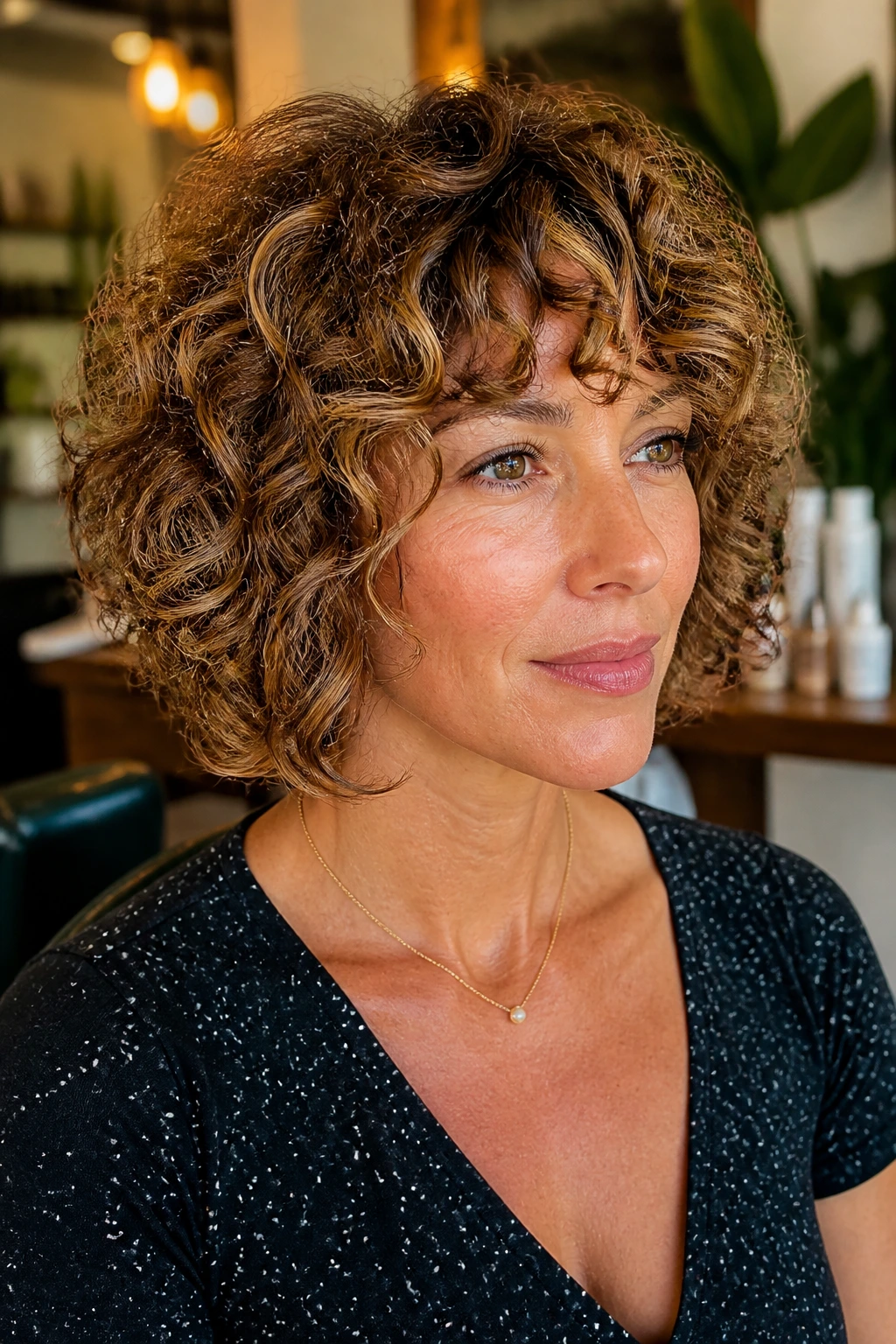 Close-up of a real woman with a U-shaped curly shag bob in a salon setting