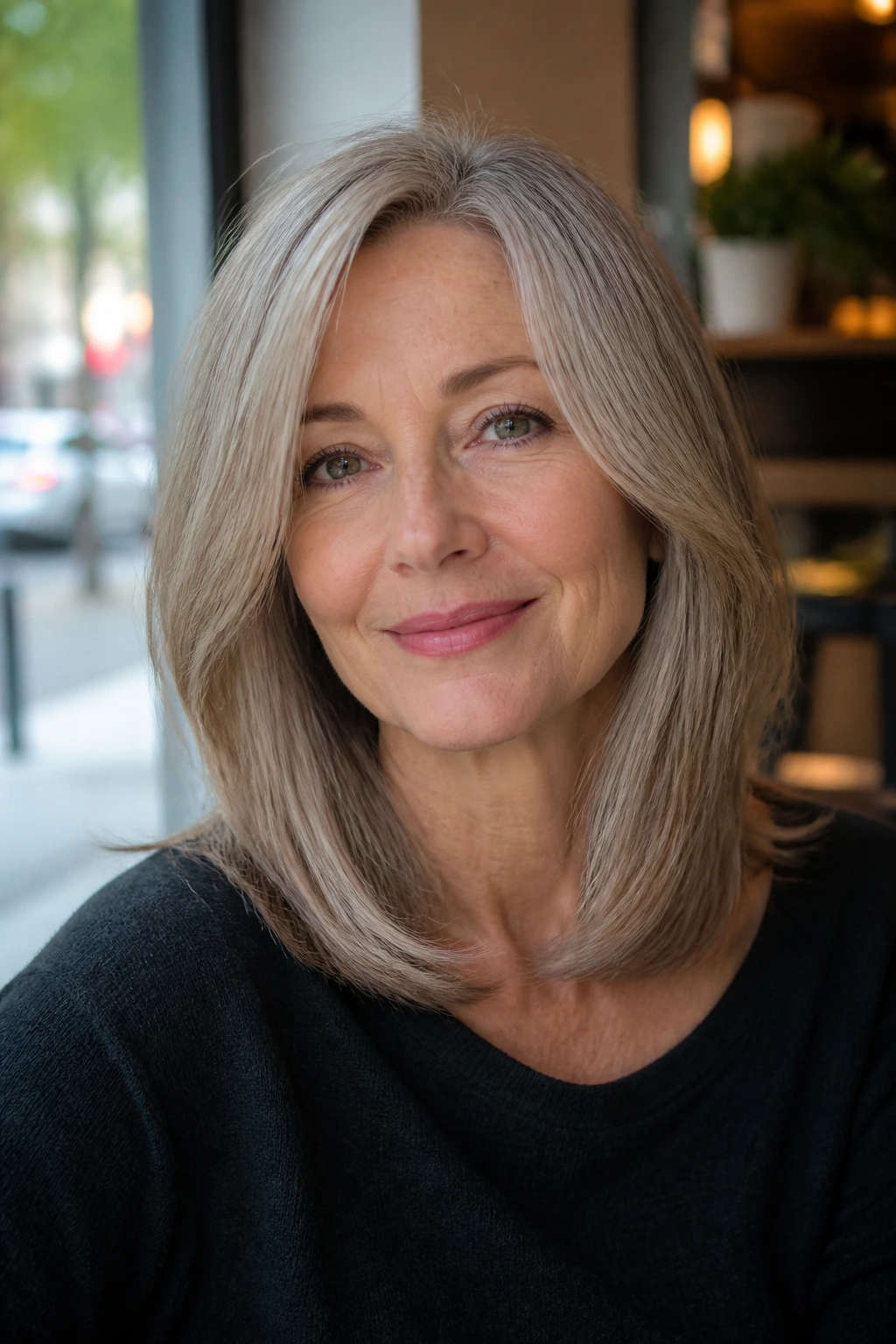 Close-up of a real woman with a U-shaped mid-length cut and barely-there layers