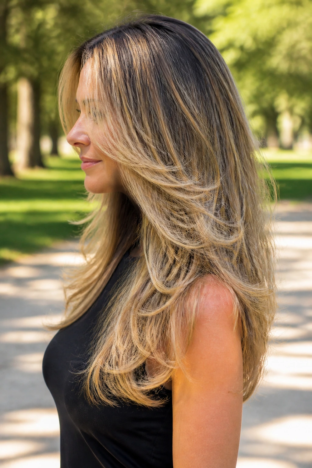 Side-profile of a woman showing a U-shaped cut with long cascading layers