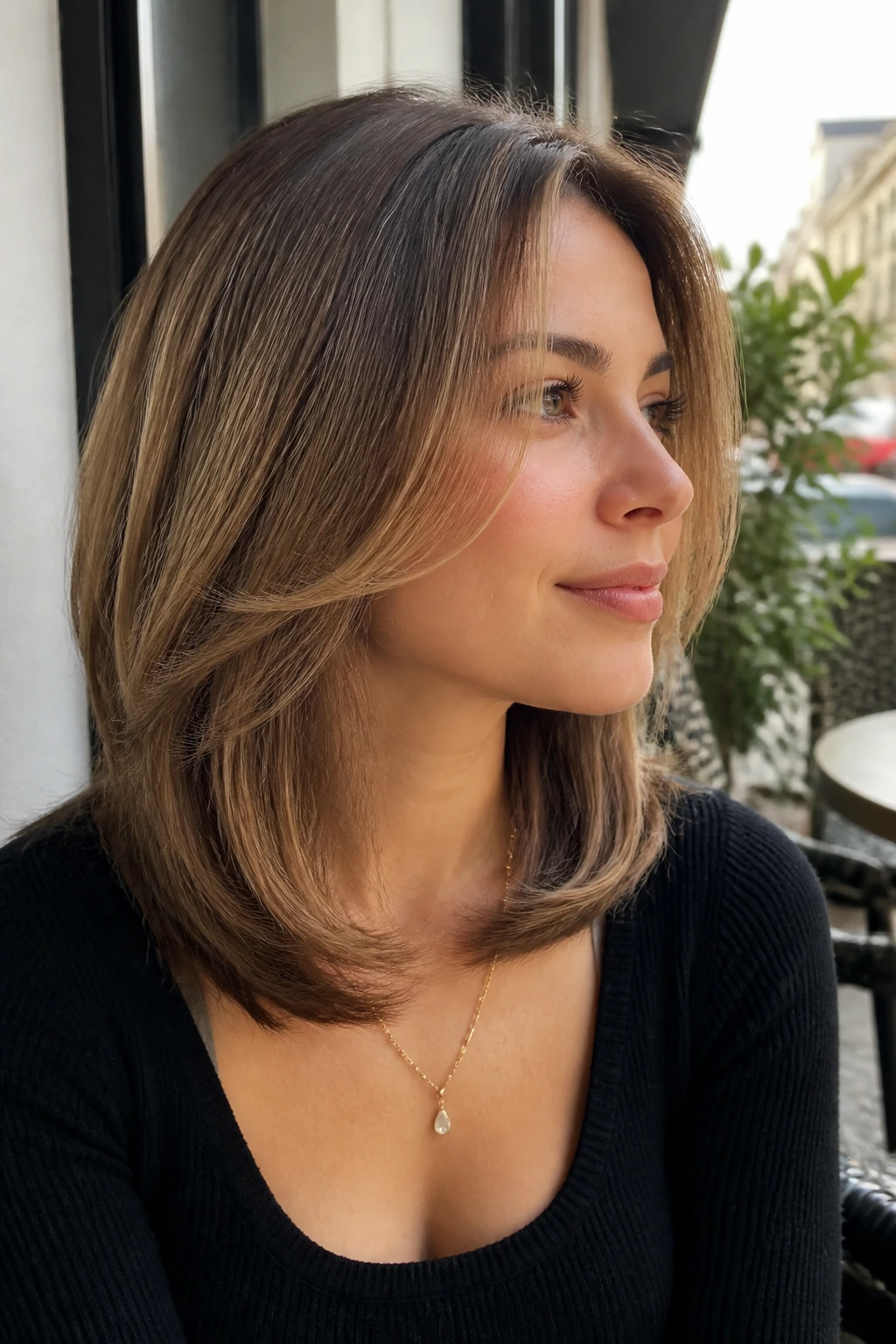 Close-up of a woman with a U-shaped medium cut showing back curve and shoulder-length sides