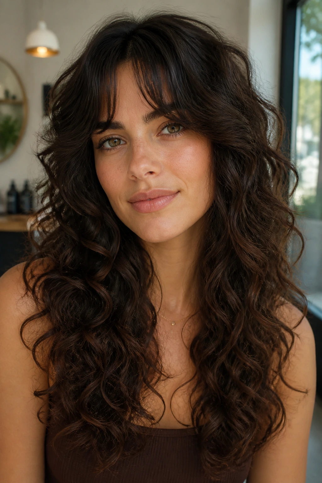 Close-up of a real woman with a U-shaped cut and split bangs framing curly hair