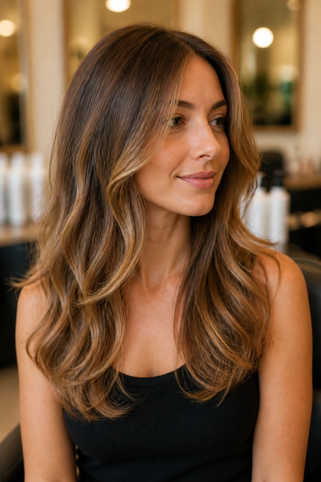 Close-up portrait of a real woman with a U-shaped cut and soft waves