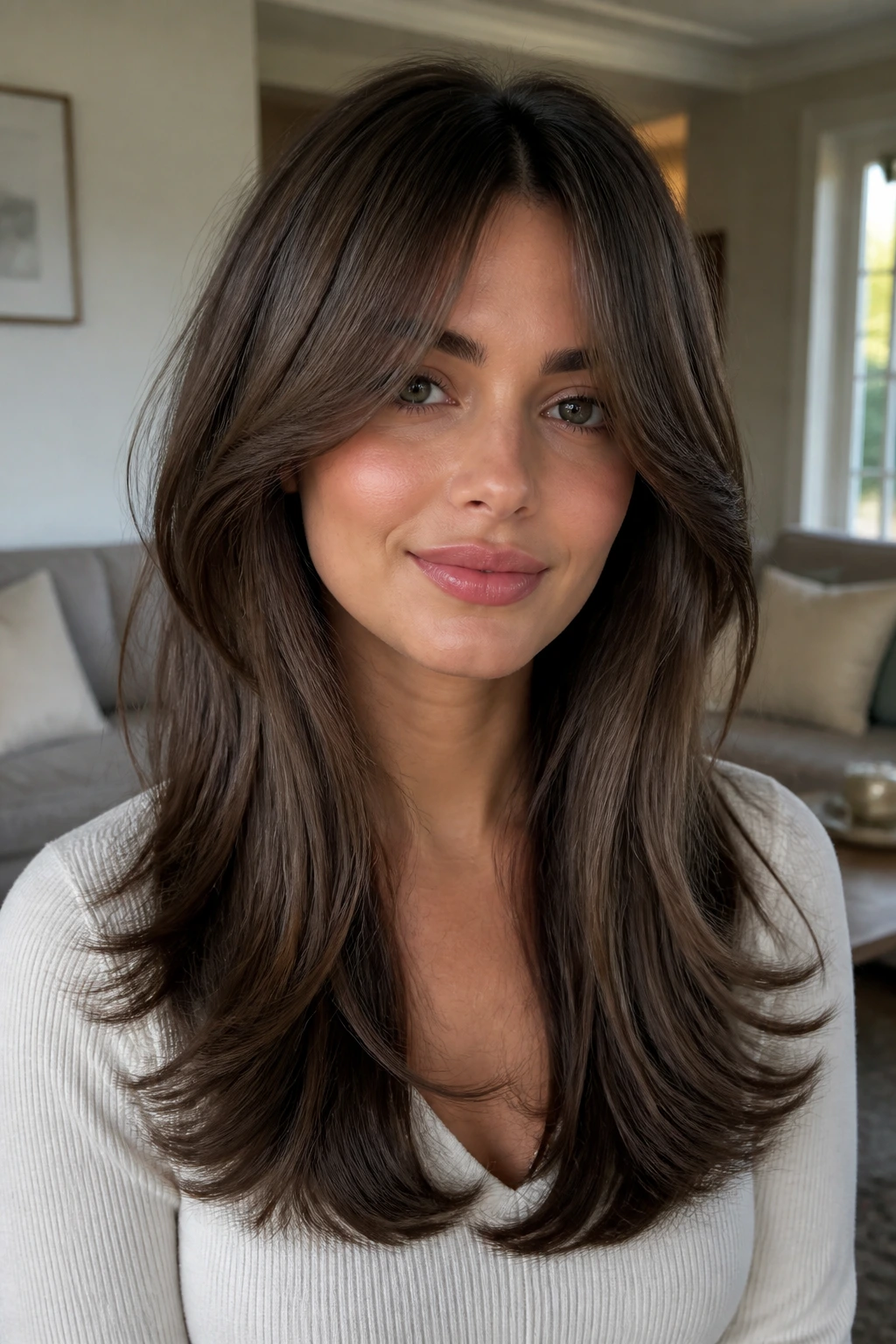 Woman with U-shaped ends and polished curtain bangs in a cozy room.