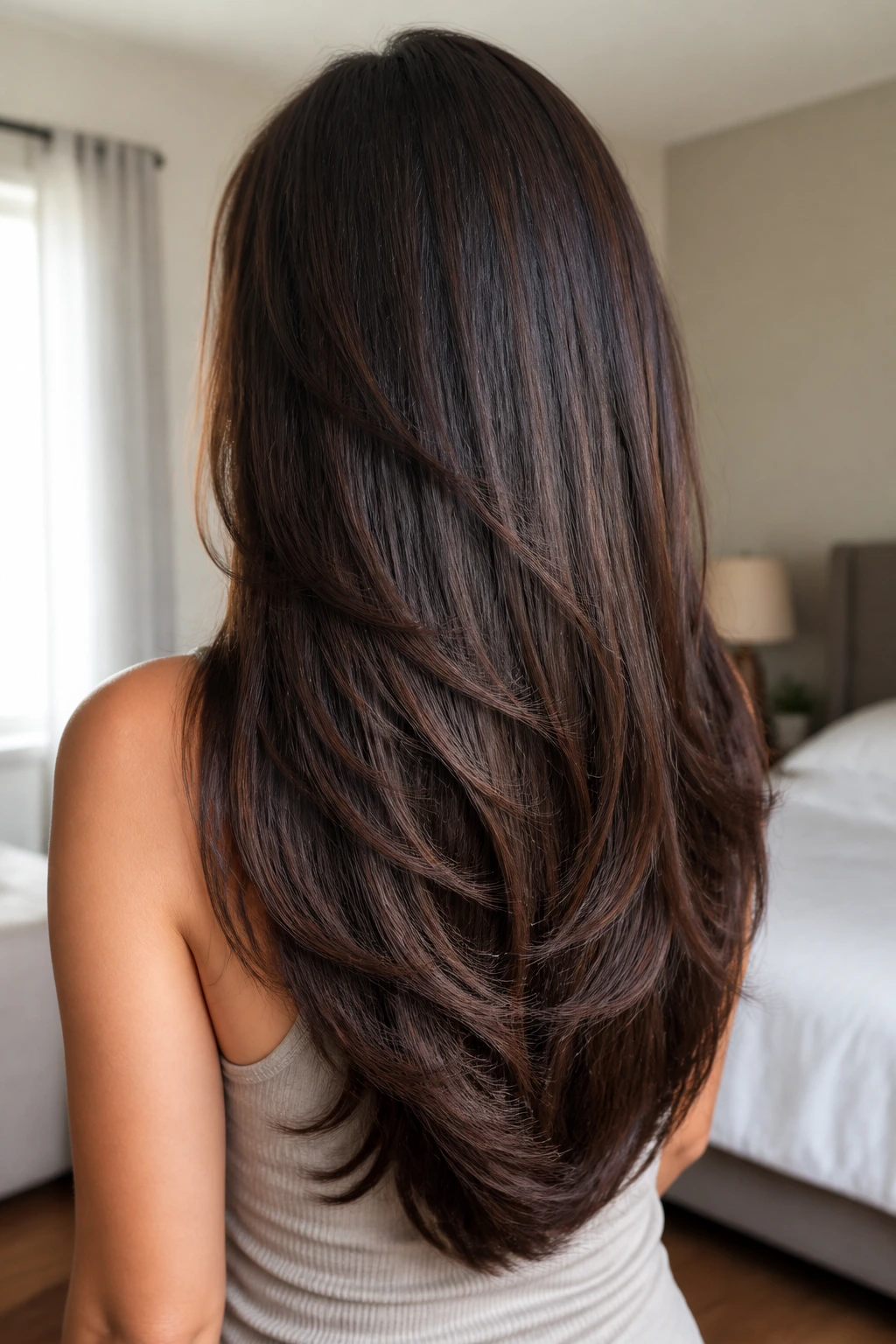 Back view of a real person with U-shaped ends and choppy interior layers in soft natural light.