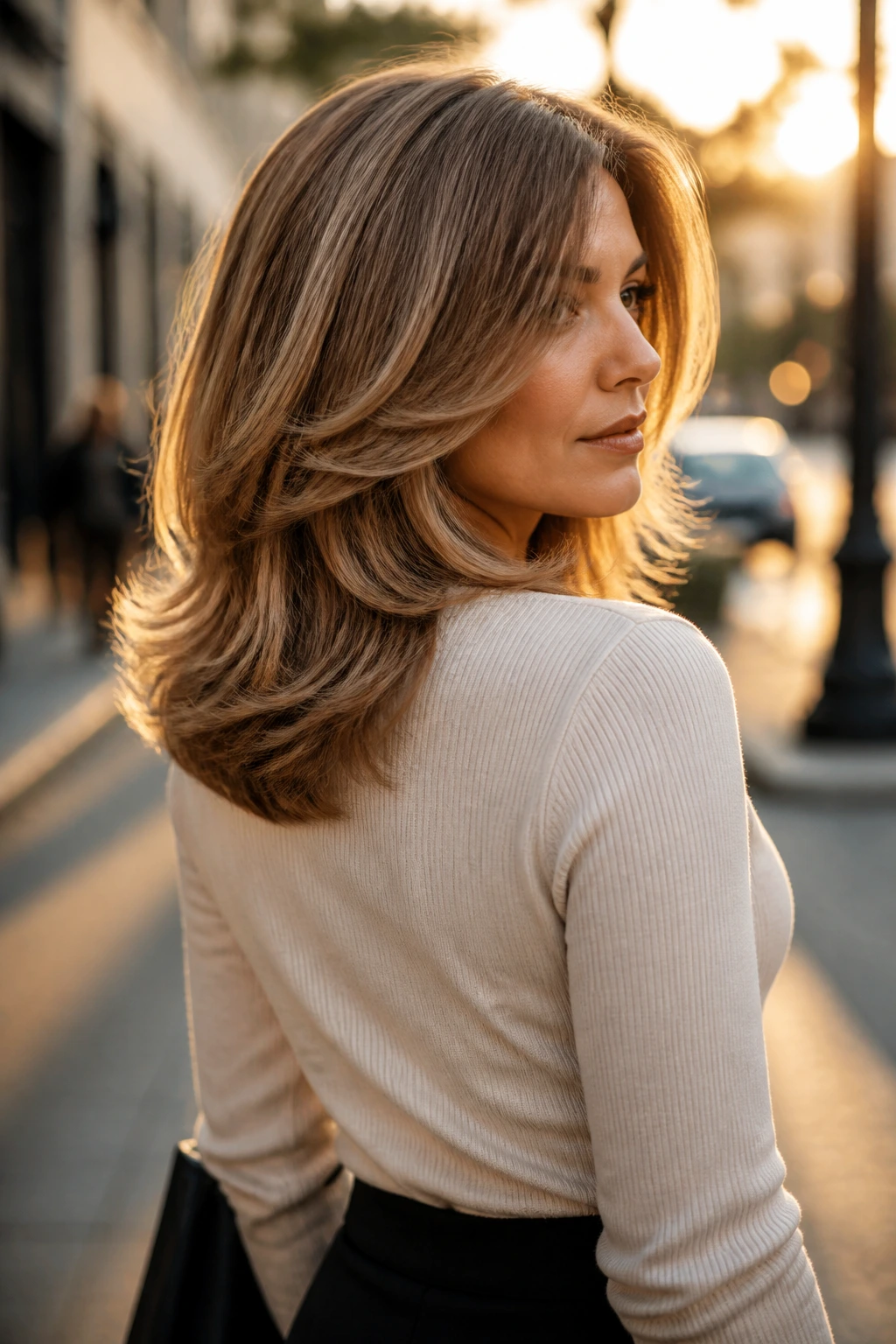 Three-quarter rear view of a woman with U-shaped feathered cut outdoors.