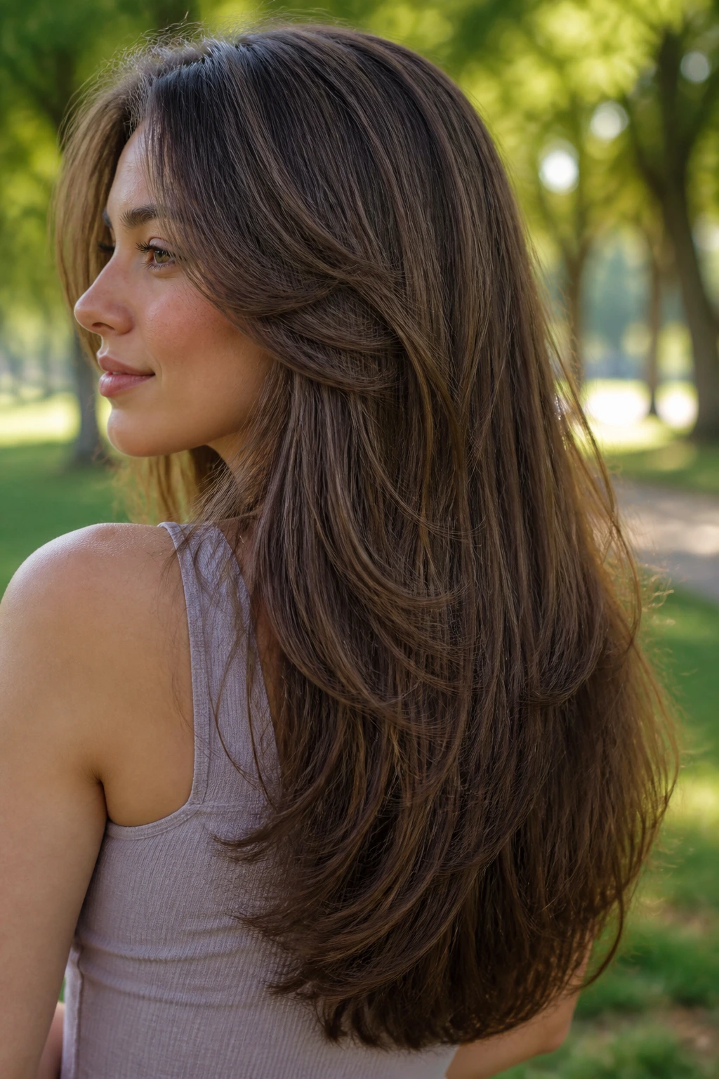 Close-up portrait of a real woman with a U-shaped feathered cut for long hair in park light.